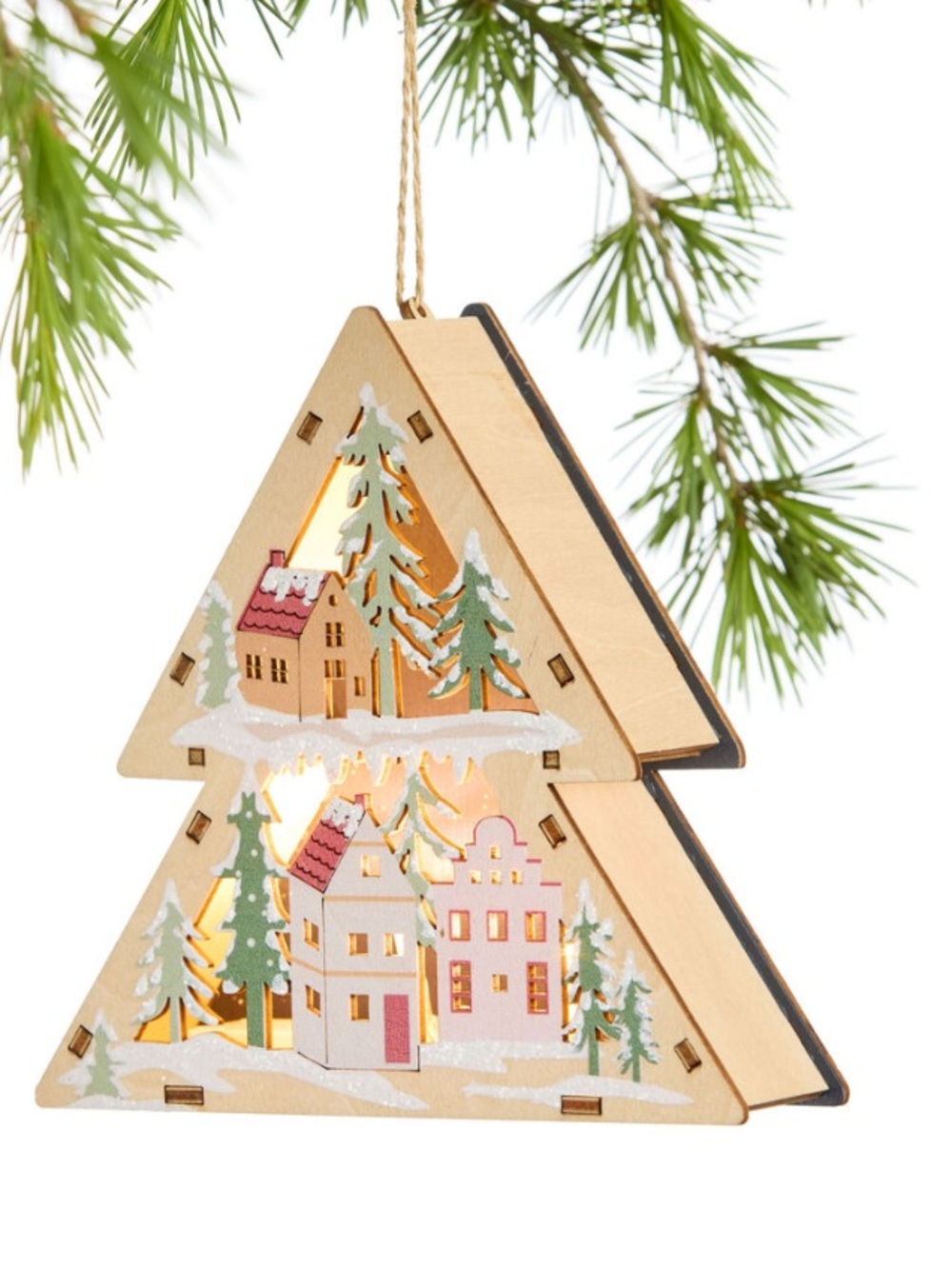 NWT Laser Cut Wood Tree Scene LED Light Up Ornament
